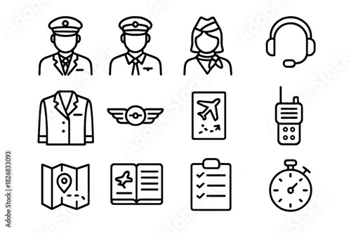 Air Crew Icons. Air Crew. Line icon set of Air Crew: pilot, co-pilot, flight attendant, headset, uniform, wings badge, flight plan, radio, map, logbook,