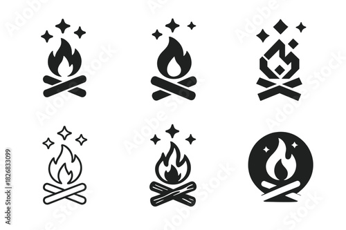 Campfire Logo Variations. Campfire. Icon set. Set Logo of campfire: Campfire under stars. harmonious logo variations of the same emblematic concept, each with