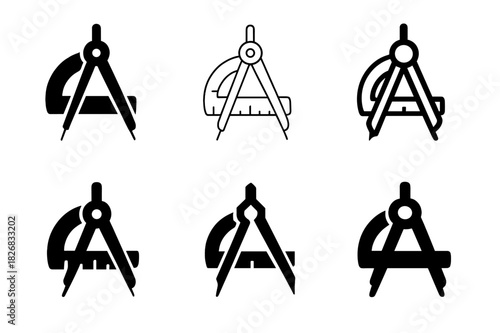 School Supplies Icons. School supplies. Icon set. Set Logo of School supplies: compass and protractor forming a circle. harmonious logo variations of the same