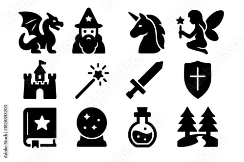 Enchanted Fantasy Icons. Enchanted Fantasy. Solid icon set of dragon, wizard, unicorn, fairy, castle, magic wand, sword, shield, spell book, crystal ball,
