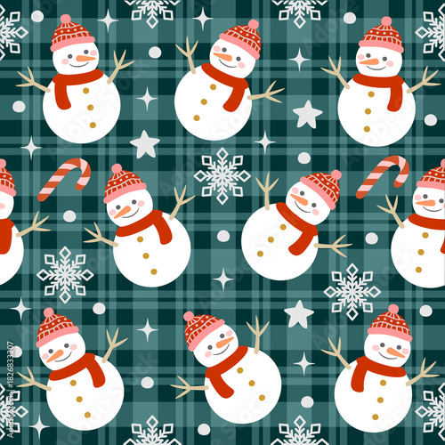 Seamless Snowman Christmas Pattern with Candy Cane and Snowflakes on Green Plaid Background 