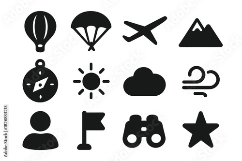 Adventure Flight Icons. Adventure flight. Solid icon set of adventure flight: hot air balloon, parachute, glider, mountain, compass, sun, cloud, wind swirl,
