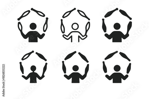 Juggling Tricks Icon Set. Learning juggling or balance tricks. Icon set. Set Logo of learning juggling or balance tricks: juggling clubs forming an arc above