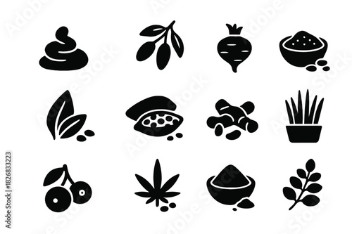 Superfood Icons Grid. Superfoods. Solid icon set of superfoods: spirulina, goji berries, maca root, chia seeds, flaxseed, cacao nibs, turmeric, wheatgrass,
