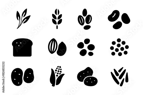 Whole Foods Icons. Whole foods. Solid icon set of whole foods: oats, brown rice, barley, beans, whole wheat bread, nuts, seeds, lentils, potatoes, corn on cob,