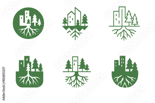 Urban Reforestation Logos. Urban reforestation. Icon set. Set Logo of urban reforestation: roots connecting city and forest. harmonious logo variations of the