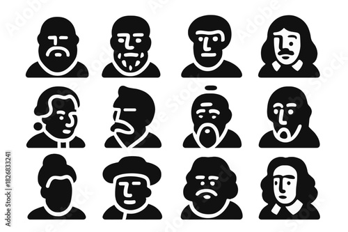 Philosophers Icon Grid. Philosophers. Solid icon set of Philosophers: Socrates, Plato, Aristotle, Descartes, Kant, Nietzsche, Confucius, Laozi, Simone de