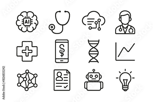 AI Healthcare Icons. AI in healthcare. Line icon set of AI in healthcare: brain chip, stethoscope, data cloud, doctor, medical cross, smartphone, DNA strand,