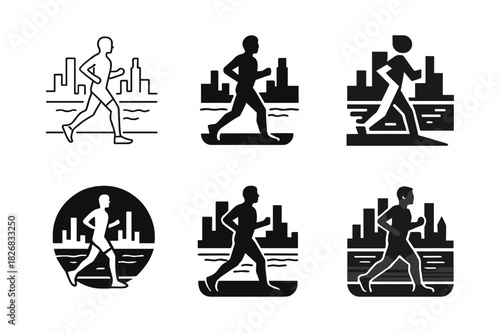Waterfront Jogger Logos. A person jogging along the waterfront in the city, enjoying the view of the skyline. Icon set. Set Logo of a person jogging along the