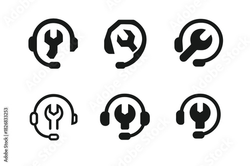 Tech Support Logo Variations. Tech support and IT services. Icon set. Set Logo of tech support and IT services: headset with wrench. harmonious logo variations