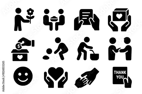 Kindness Icon Set. Acts of kindness. Solid icon set of Acts of kindness: giving flower, sharing meal, handwritten note, care package, donation, picking up,
