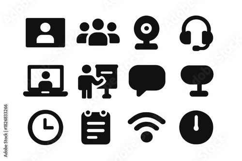 Online Meeting Icons. Online meeting. Solid icon set of online meeting: video chat window, multiple users, webcam, headset, microphone, laptop