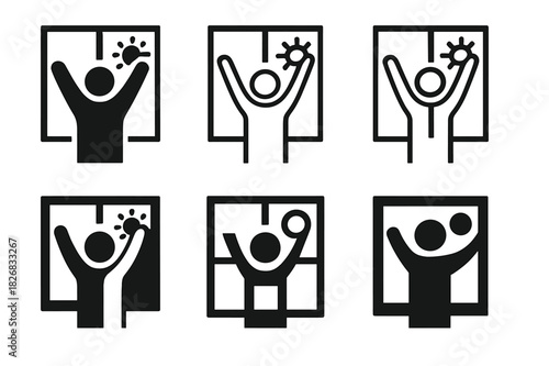 Stretch Break Logos. Taking a break from work to stretch. Icon set. Set Logo of Taking a break from work to stretch: person raising arms in front of window