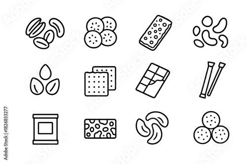 Organic Snack Icons. Organic Snacks. Line icon set of Organic Snacks: nuts, dried fruits, granola bar, trail mix, seeds, crackers, chocolate, honey sticks,