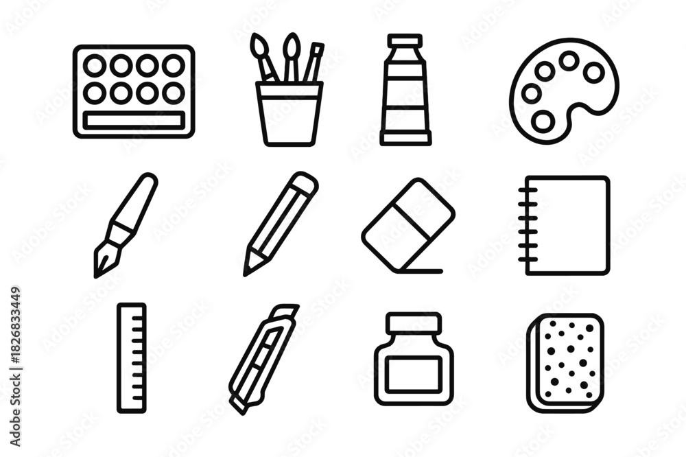 Fototapeta premium Art Supply Icons. Art supplies. Line icon set of art supplies: watercolor set, brush cup, paint tube, palette, pen, pencil, eraser, sketchbook, ruler, cutter,