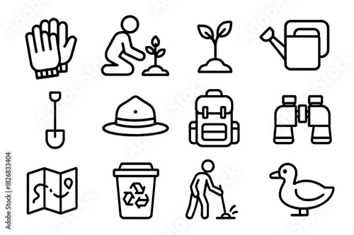 Conservation Crew Icons. Conservation Crew. Line icon set of Conservation Crew: gloves, tree planting, sapling, watering can, shovel, ranger hat, backpack,