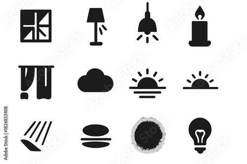 Lighting Mood Icons. Lighting and Mood. Solid icon set of Lighting and Mood: window light, floor lamp, pendant light, candle, curtain, cloud, sunrise, sunset,