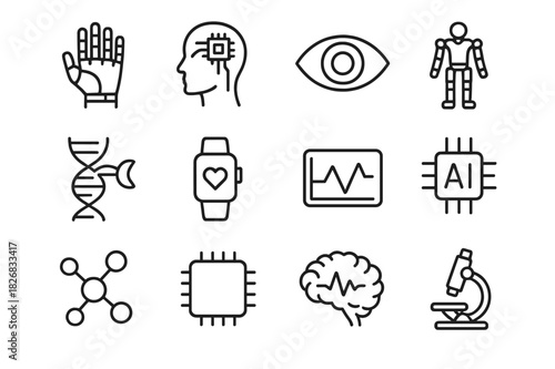 Human Enhancement Icons. Human enhancement research. Line icon set of human enhancement research: robotic hand, neural implant, eye lens, exoskeleton, DNA