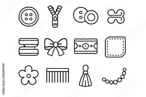 Fabric Accessories Icons. Fabric Accessories. Line icon set of Fabric Accessories: buttons, zippers, snaps, hooks, elastics, ribbons, lace, patches, applique,