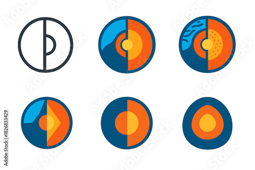 Earth Layers Logos. Earth layers. Icon set. Set Logo of earth layers: geologic strata cross-section with texture bands. harmonious logo variations of the same