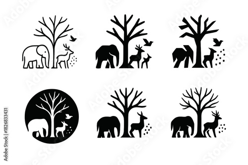 Biodiversity Loss Icons. Biodiversity loss. Icon set. Set Logo of biodiversity loss: withering tree and disappearing animals. harmonious logo variations of the