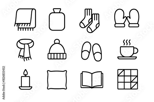 Winter Comfort Icons. Winter Lap Comfort. Line icon set of Winter Lap Comfort: blanket, hot water bottle, warm socks, mittens, scarf, hat, slippers, coffee,