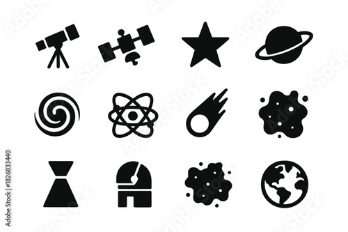Astronomy Icon Set. Astronomy Tools. Solid icon set of telescope, satellite, star, planet, galaxy, orbit, comet, nebula, light beam, observatory, cosmic dust,