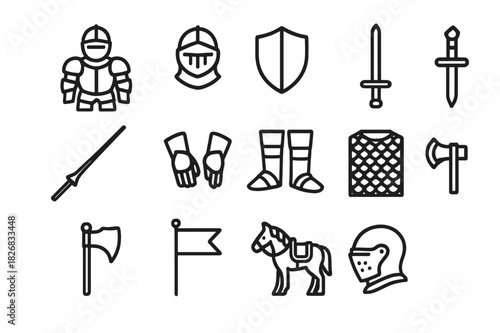 Armored Knight Icons. Armored Knight. Line icon set of Armored Knight: full armor suit, helmet, shield, sword, lance, gauntlets, boots, chainmail, battle axe,