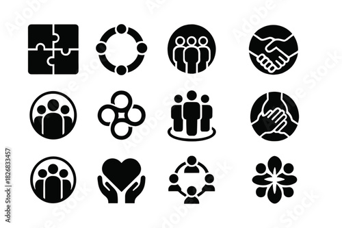 Unity Icons Grid. Unity and harmony. Solid icon set of Unity and harmony: cohesive shapes, aligned elements, color harmony, repeated motifs, balanced