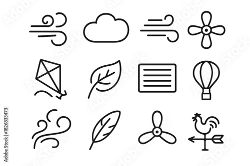 Air Icon Set. Air. Line icon set of Air: wind swirl, cloud, breeze, fan, kite, leaf blowing, air vent, hot air balloon, smoke trail, feather, propeller,