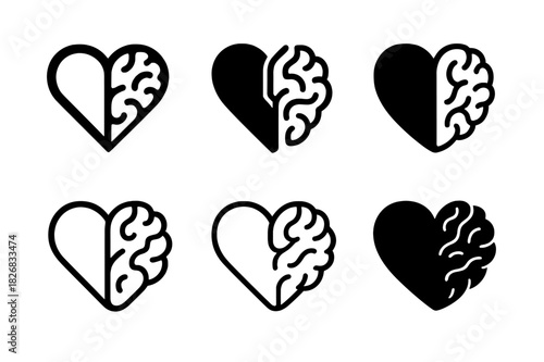 Wellness Logo Variations. Personalized wellness plans. Icon set. Set Logo of personalized wellness plans: Brain and heart connection. harmonious logo