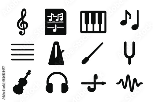 Music Icon Set. Musical Composition. Solid icon set of Musical Composition: treble clef, sheet music, piano keys, notes, staff lines, metronome, baton, tuning
