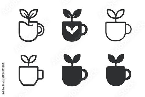 Work-Life Balance Icons. Preventing Burnout and Work-Life Balance. Icon set. Set Logo of Preventing Burnout and Work-Life Balance: plant growing from coffee
