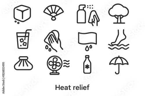 Heat Relief Icons. Heat relief. Line icon set of heat relief: ice cube, hand fan, mist spray, shady tree, cold drink, towel wipe, wet cloth, foot in water, ice