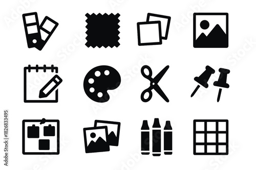 Creative Mood Boards. Creative mood boards. Solid icon set of Creative mood boards: color swatches, fabric sample, sticky notes, magazine cutouts, sketch pad,