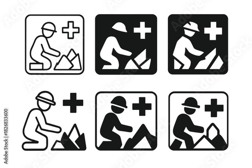 Disaster Recovery Icons. Assisting at disaster recovery sites and debris removal. Icon set. Set Logo of assisting at disaster recovery sites and debris