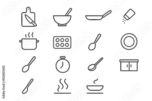 Cooking Steps Icons. Cooking steps. Line icon set of cooking steps: chopping board, mixing bowl, frying pan, boiling pot, baking tray, seasoning shaker,