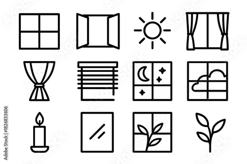 Window Icon Set. Windows and light. Line icon set of windows and light: window frame, open window, sunlight rays, curtain, drape tie, blinds, moonlight, starry