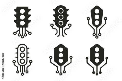 Smart Traffic Light Icons. Smart traffic lights. Icon set. Set Logo of Smart traffic lights: traffic light merging with circuit board lines. harmonious logo