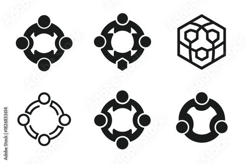 Community Logo Variations. Participating in a community gathering. Icon set. Set Logo of community: people holding hands in circle. harmonious logo variations