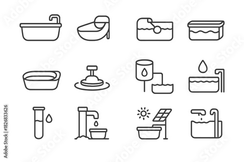 Livestock Water Systems Icons. Livestock water systems. Line icon set of livestock water systems: trough with pipe, auto waterer, float valve, insulated