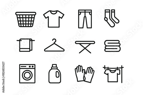 Laundry Icons Collection. Laundry Day. Line icon set of Laundry Day: laundry basket, t-shirt, pants, socks, towel, hanger, ironing board, folded stack, washing