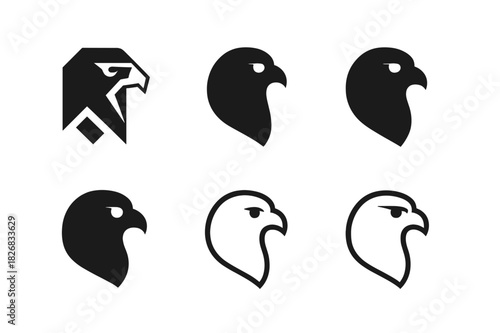 Falcon Logo Variations. Falcons. Icon set. Set Logo of Falcons: Falcon in Flight. harmonious logo variations of the same emblematic concept (Minimal outline,