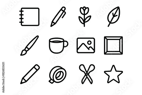 Visual Journal Icons. Visual Journal. Line icon set of Visual Journal: sketchbook, pen, flower, leaf, watercolor brush, coffee cup, photo, frame, pencil, tape,