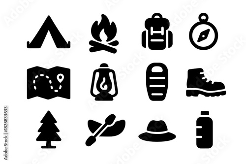 Camping Icon Set. Camping Adventure. Solid icon set of tent, campfire, backpack, compass, map, lantern, sleeping bag, hiking boots, tree, canoe, hat, water