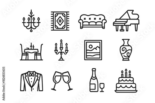 Opulent Interior Icons. Opulent Interior. Line icon set of Opulent Interior: chandelier, ornate rug, sofa set, grand piano, dining table, candelabra, framed