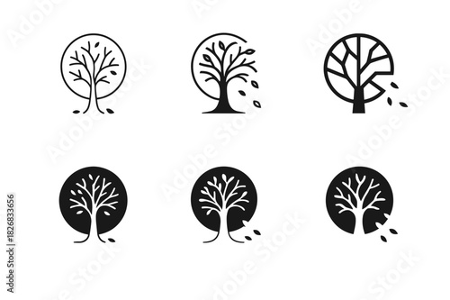 Biodiversity Loss Logos. Biodiversity loss. Icon set. Set Logo of biodiversity loss: tree of life losing branches. harmonious logo variations of the same