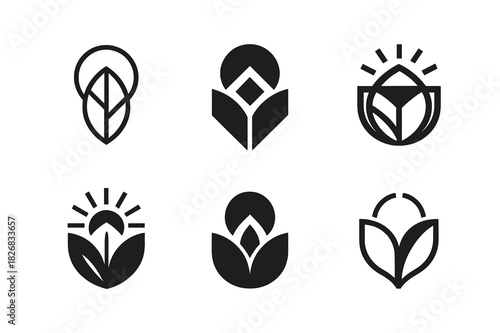 Nature Inspired Logos. Graphic design trends nature inspired design. Icon set. Set Logo of nature inspired design: leaf and sun fusion symbol. harmonious logo