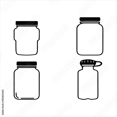 Outline vector icons of various jars and a sport water bottle kit
