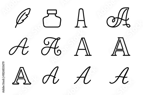 Calligraphy A Icons. Calligraphy A. Line icon set of calligraphy A: quill pen, ink bottle, brush pen, ornate A, flowing A, decorative A, thin-line A,